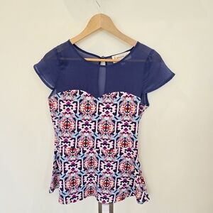 Francesca's Collections Blue and Multicolor Geometric Women's Peplum Top